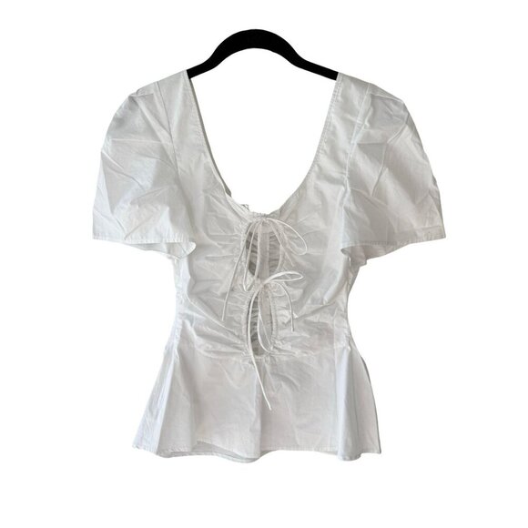 NWT Ruched White Open Back Top By Thakoon Size 8 100% Cotton Short Puff Sleeves - Picture 3 of 11
